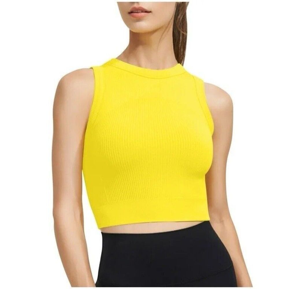 Womens Boutique Tank Top Yellow Cropped Ribbed Casual Light NEW Knit Stretch M